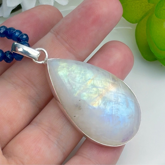 Large Solid Sterling Silver 925 Rainbow Moonstone Pendant Necklace Boho New - Picture 3 of 10